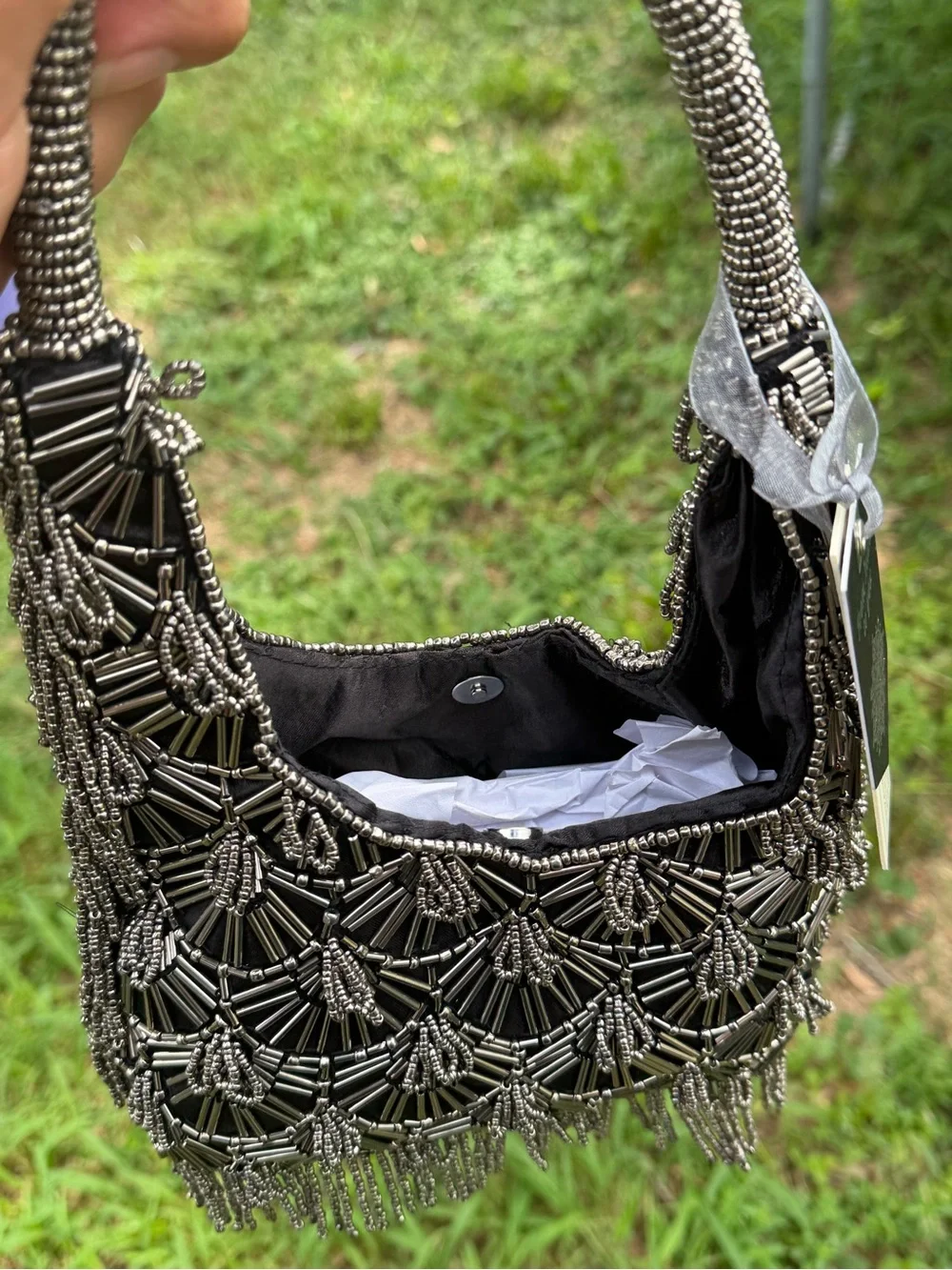 India Boutique Black Beaded Shoulder Bag with Silver Accents